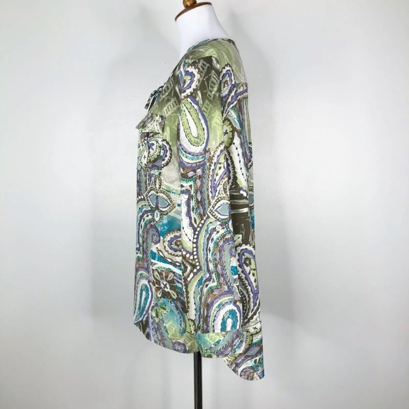 CHICOS Paisley Tie Front Top Sz. 1 (M) Purple Green Brown - Picture 6 of 13